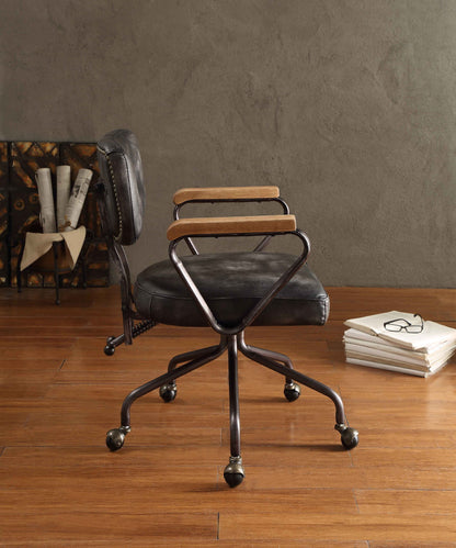 Hallie top grain leather office chair vintage black with wood arms HouseOfZazla swivel chair on Tampa Home & Garden Store