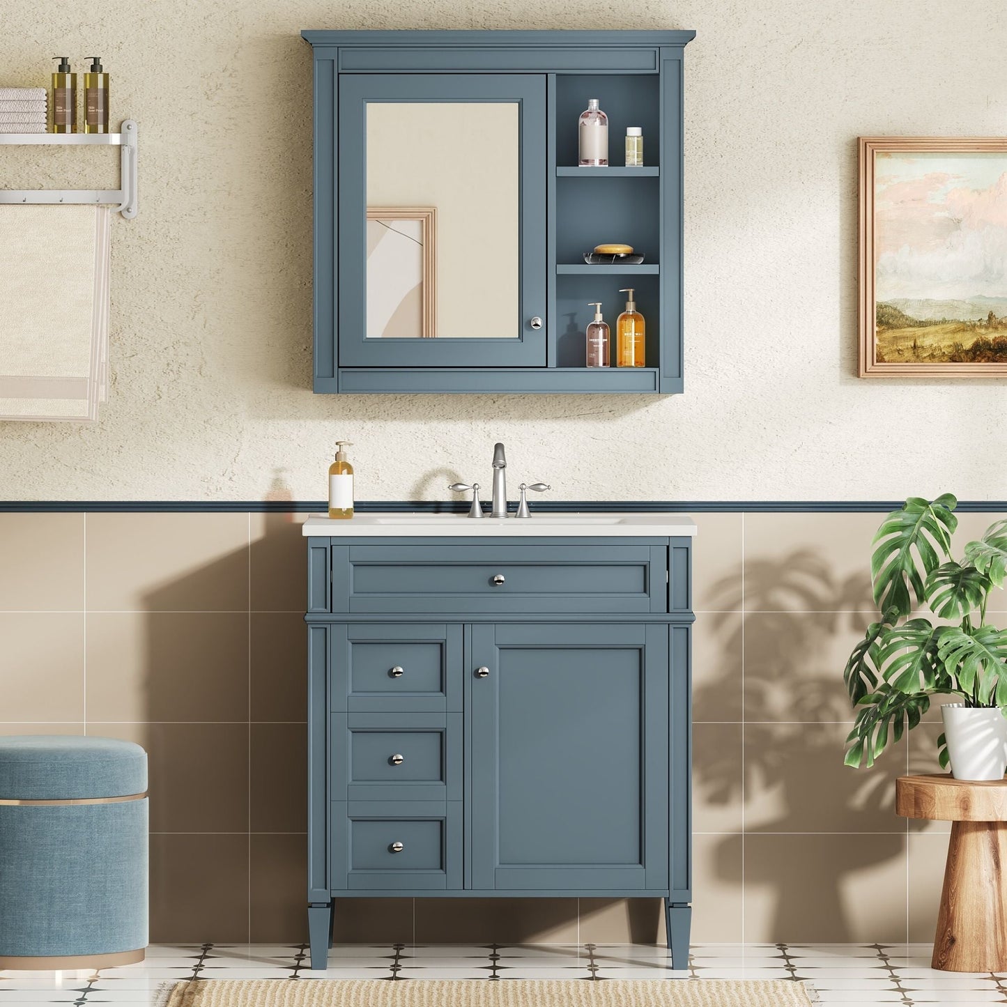 HouseOfZazla blue gray bathroom vanity with medicine cabinet, 2 doors and 4 drawers on Tampa Home & Garden Store