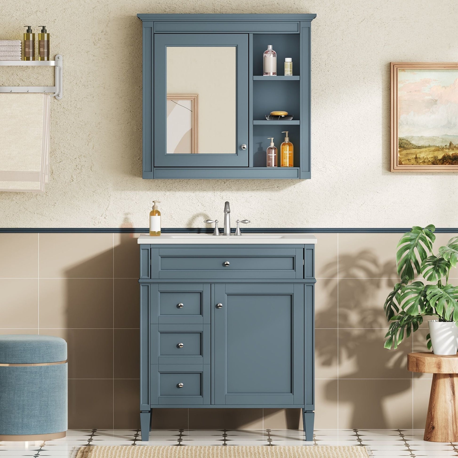 HouseOfZazla blue gray bathroom vanity with medicine cabinet, 2 doors and 4 drawers on Tampa Home & Garden Store