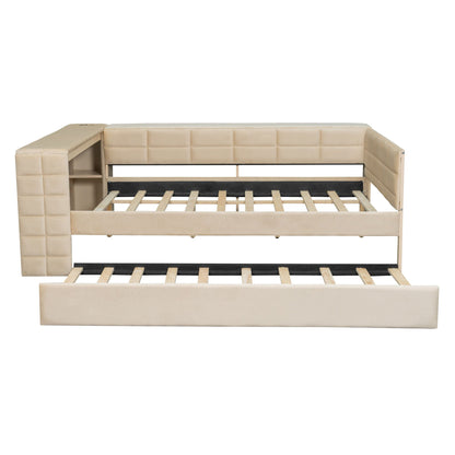 Beige upholstered platform bed with built-in storage shelves and open slat bed base on Tampa Home & Garden Store