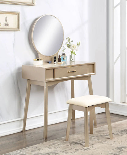 Maly Contemporary Wood Vanity and Stool Set gold with round mirror and beige cushioned stool on Tampa Home & Garden Store