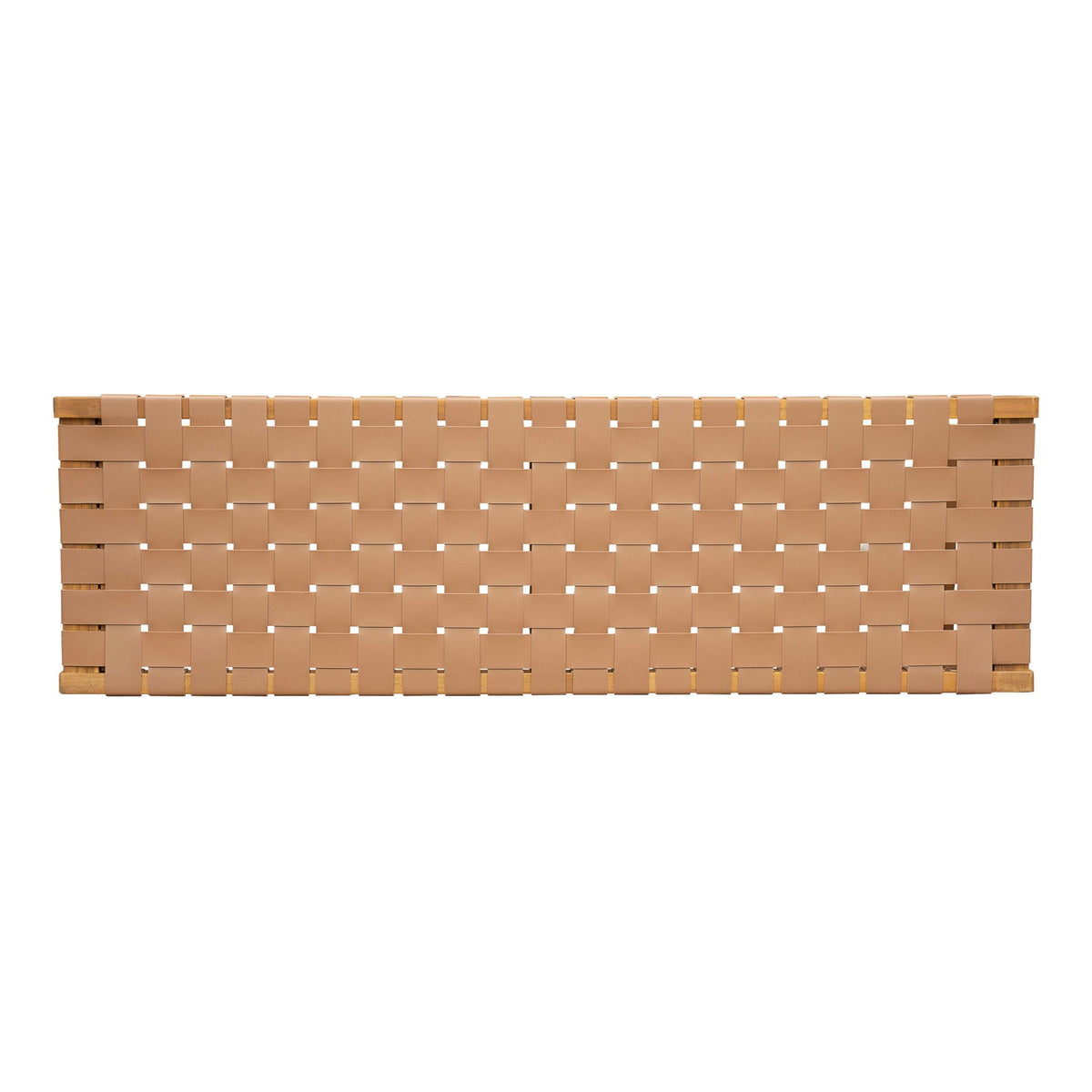 Acacia wood bedroom bench with warm teak woven PU leather seat, long woven panel design on Tampa Home & Garden Store