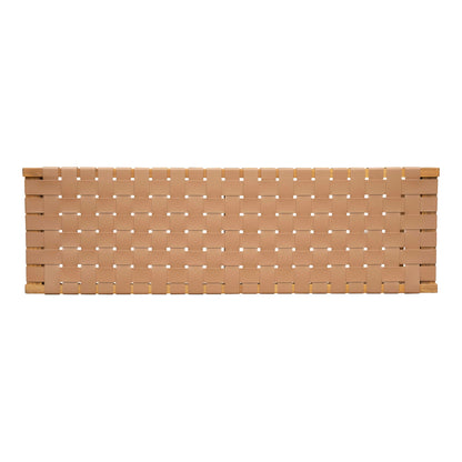 Acacia wood bedroom bench with warm teak woven PU leather seat, long woven panel design on Tampa Home & Garden Store