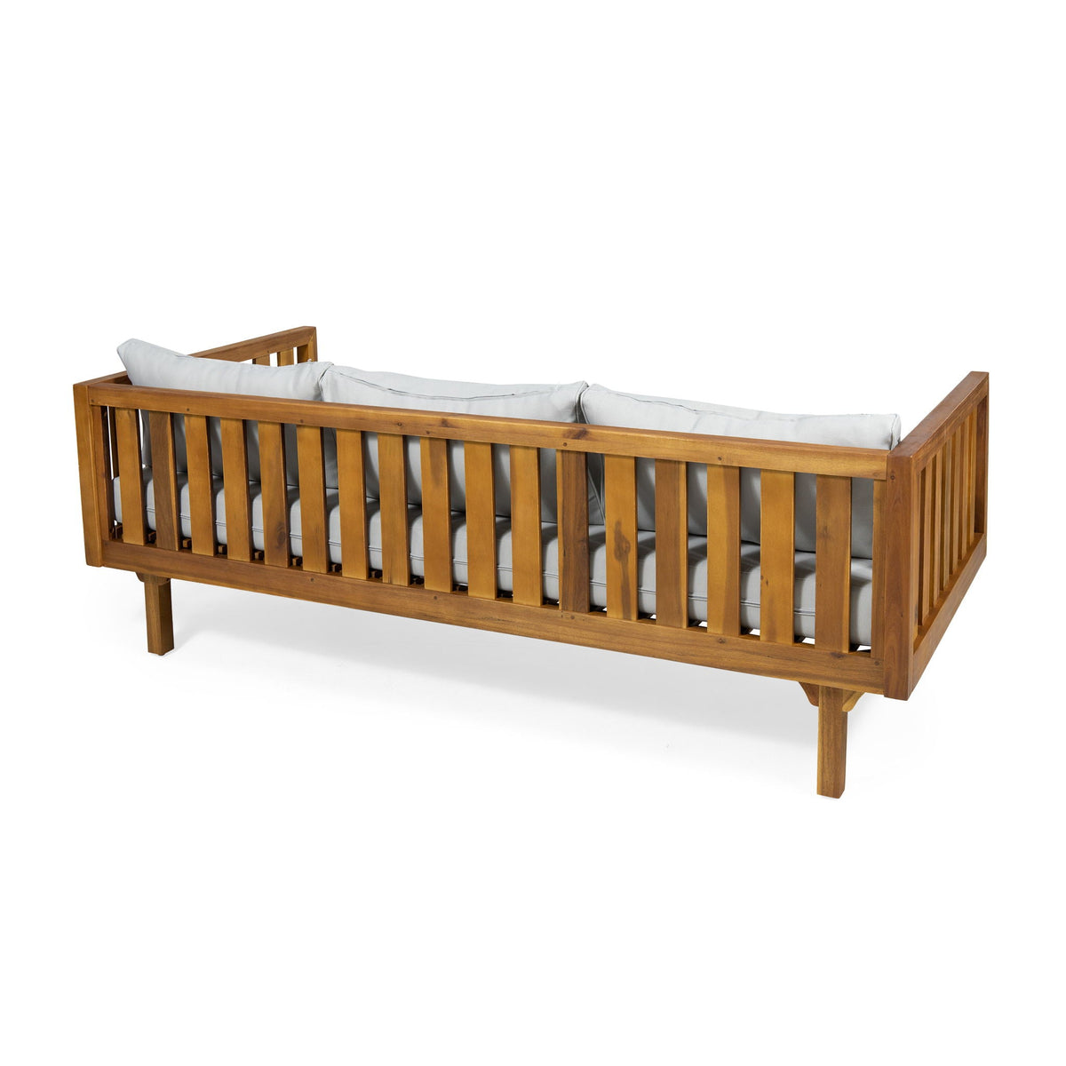 Claremont 3 Seater Daybed by HouseOfZazla teak acacia wood with gray waterproof cushions on Tampa Home & Garden Store