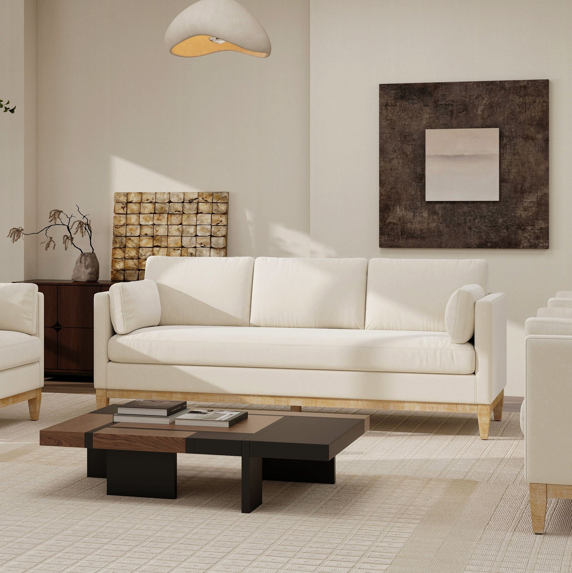 Knox Modern Farmhouse Sofa in cream white upholstery with light wood base on Tampa Home & Garden Store