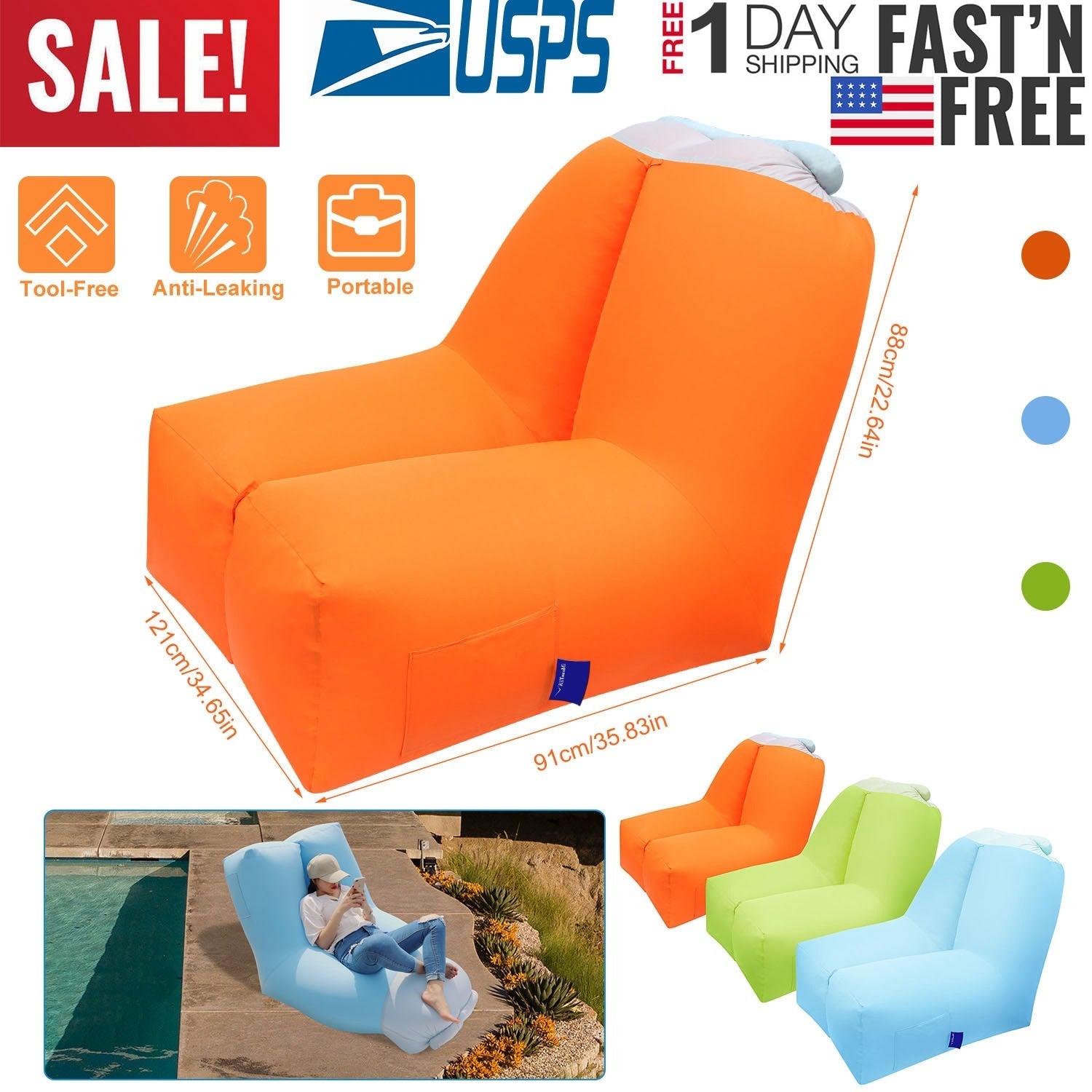 GemGear Inflatable Lounger Air Sofa Chair in orange with portable bag; color options shown on Tampa Home & Garden Store