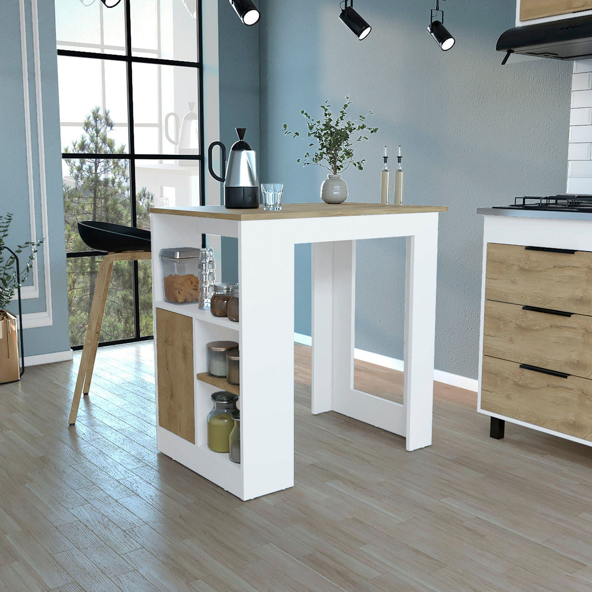 Two white kitchen islands with macadamia tops; three open shelves and push-to-open cabinet on Tampa Home & Garden Store