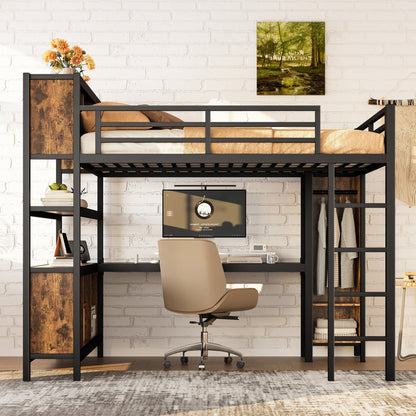 Metal loft bed with wardrobe and L-shaped desk, black steel frame with wood panels HouseOfZazla on Tampa Home & Garden Store