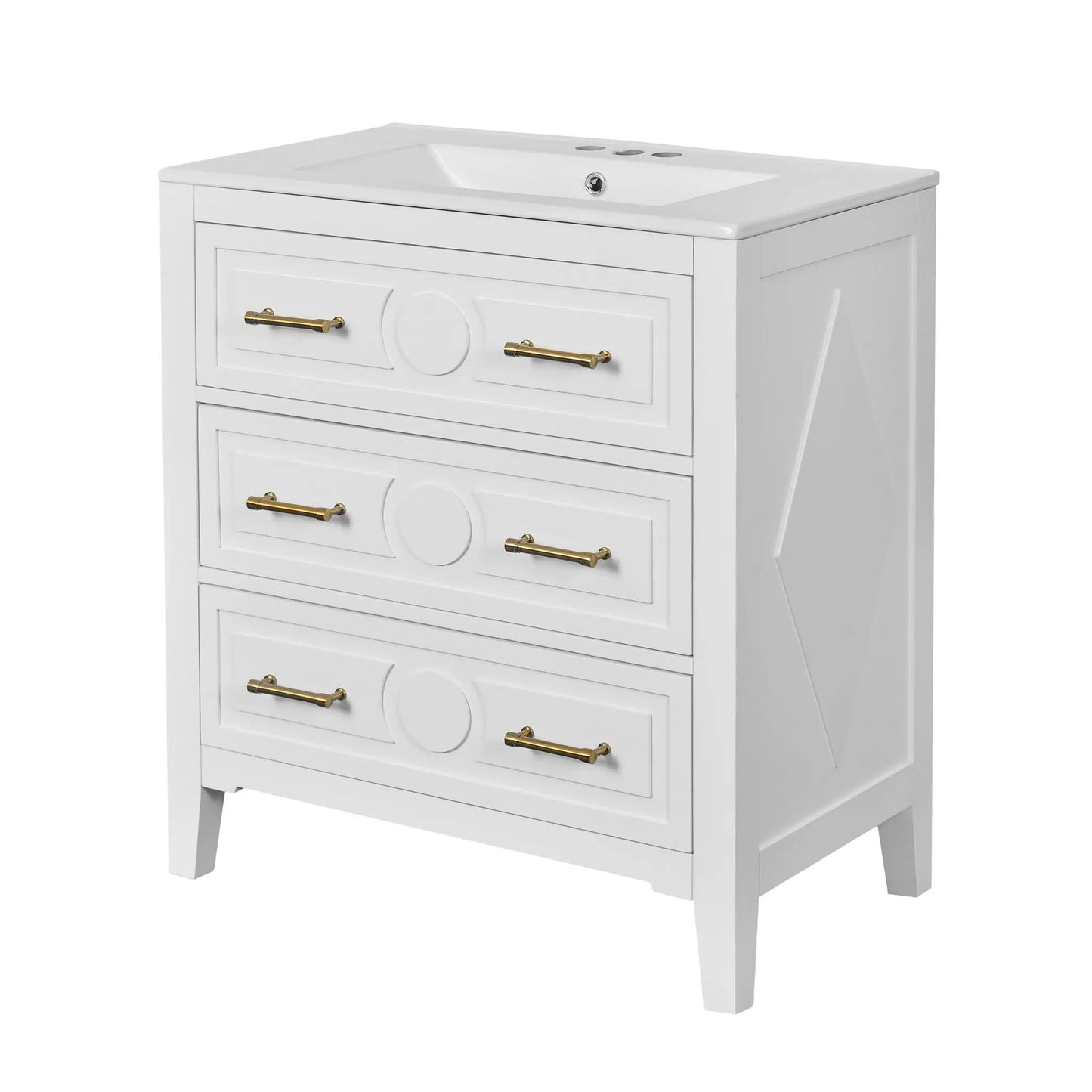 Retro white vanity with integrated sink, freestanding 3-drawer unit, brass hardware on Tampa Home & Garden Store