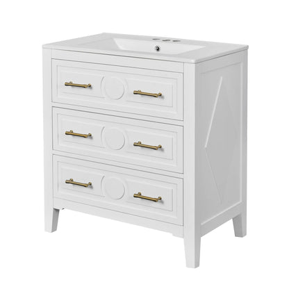 Retro white vanity with integrated sink, freestanding 3-drawer unit, brass hardware on Tampa Home & Garden Store