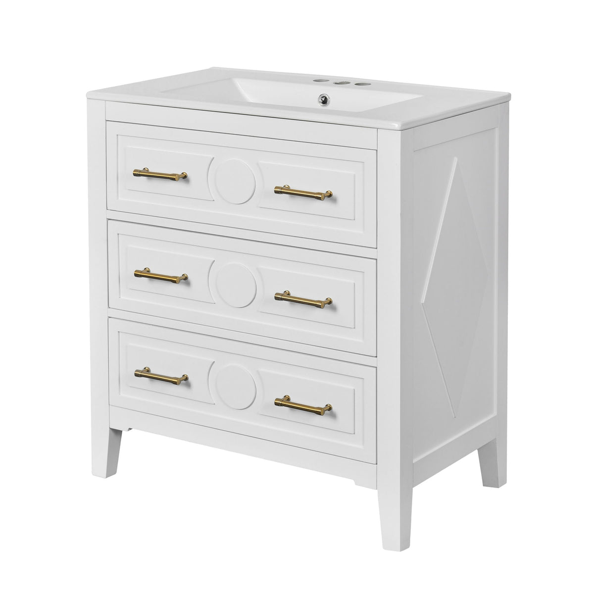 White freestanding vanity with sink, 3 soft-close drawers, gold handles, HouseOfZazla on Tampa Home & Garden Store