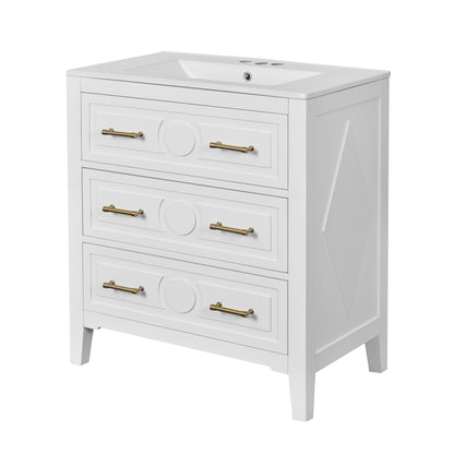 White freestanding vanity with sink, 3 soft-close drawers, gold handles, HouseOfZazla on Tampa Home & Garden Store