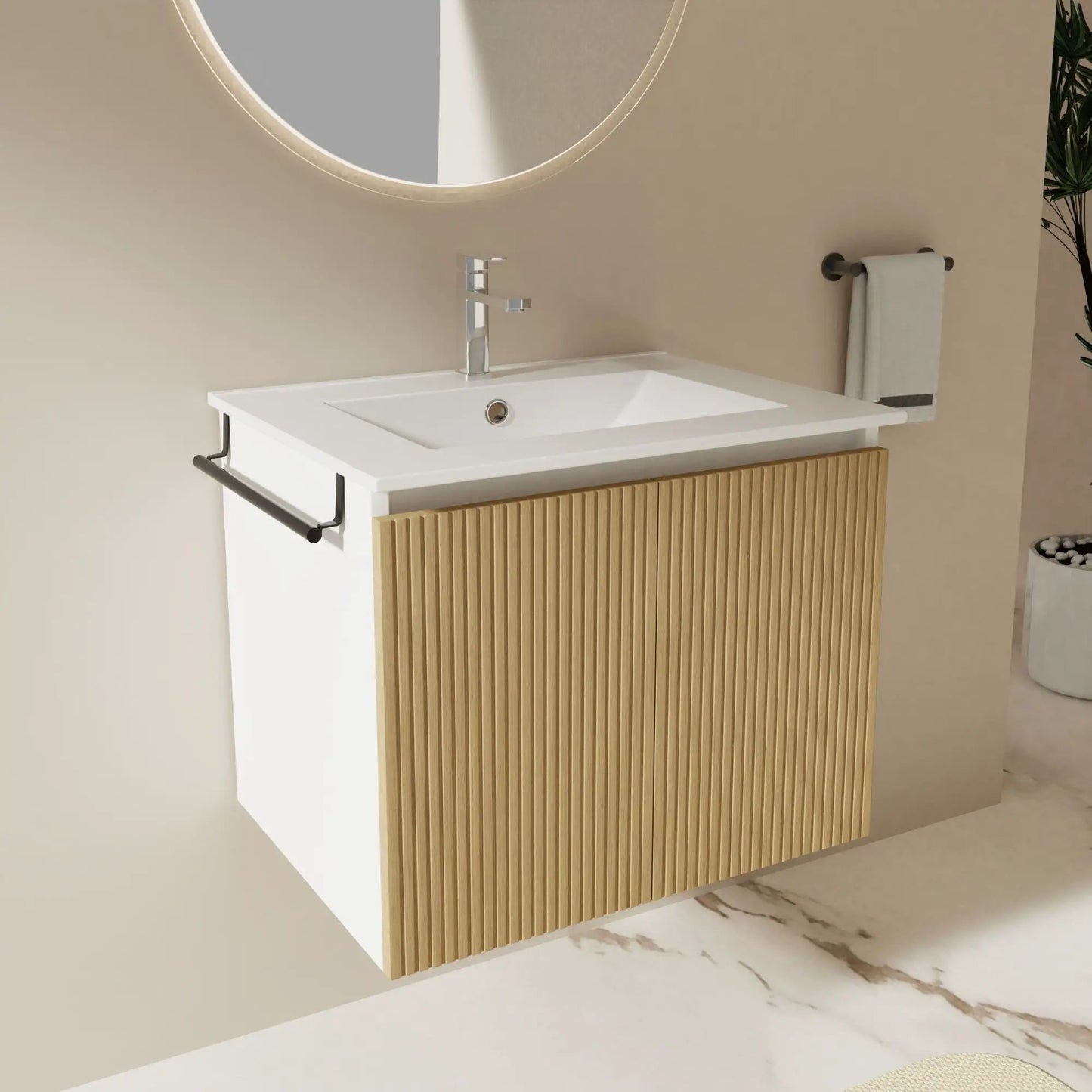 Floating bathroom vanity with white top, wood slat facade, towel rack on Tampa Home & Garden Store