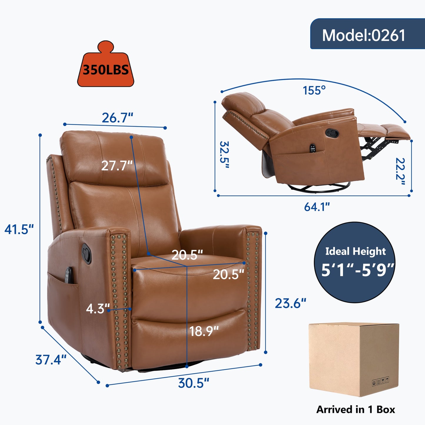 Deep Swivel Recliner and Massage Chair by HouseOfZazla in brown leather with nailhead trim on Tampa Home & Garden Store