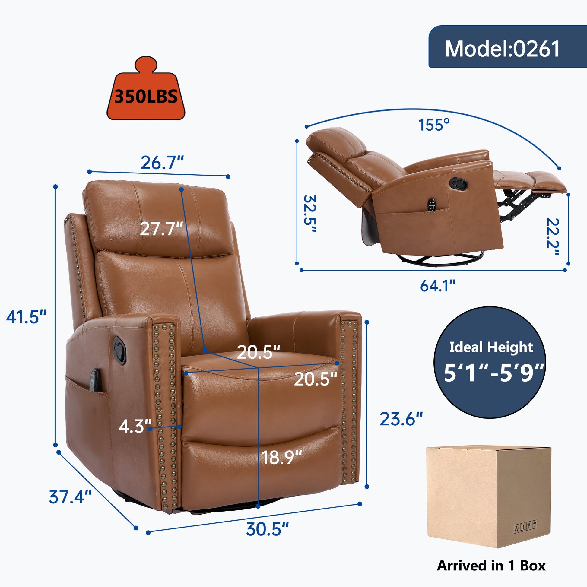 Deep Swivel Recliner and Massage Chair by HouseOfZazla in brown leather with nailhead trim on Tampa Home & Garden Store