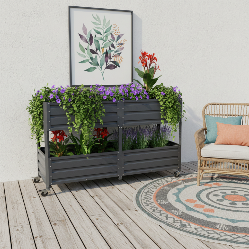 Dual Tier Metal Raised Garden Bed with lockable wheels in grey, filled with colorful blooms on Tampa Home & Garden Store