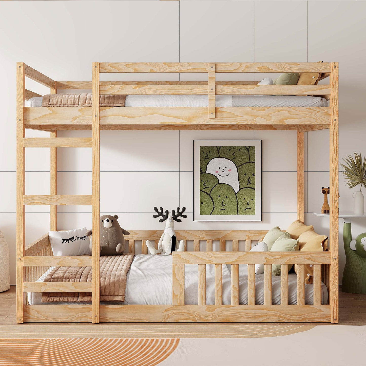 Bunk bed in natural pine with ladder and guardrails on Tampa Home & Garden Store