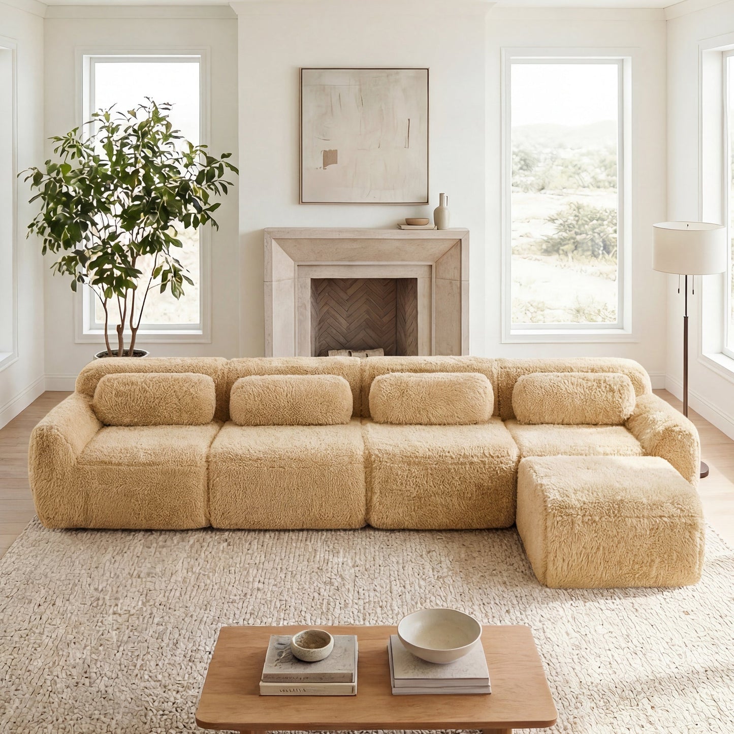 L-Shaped Soft And Fluffy Modular Sectional Sofa in beige plush fabric with rounded modules on Tampa Home & Garden Store