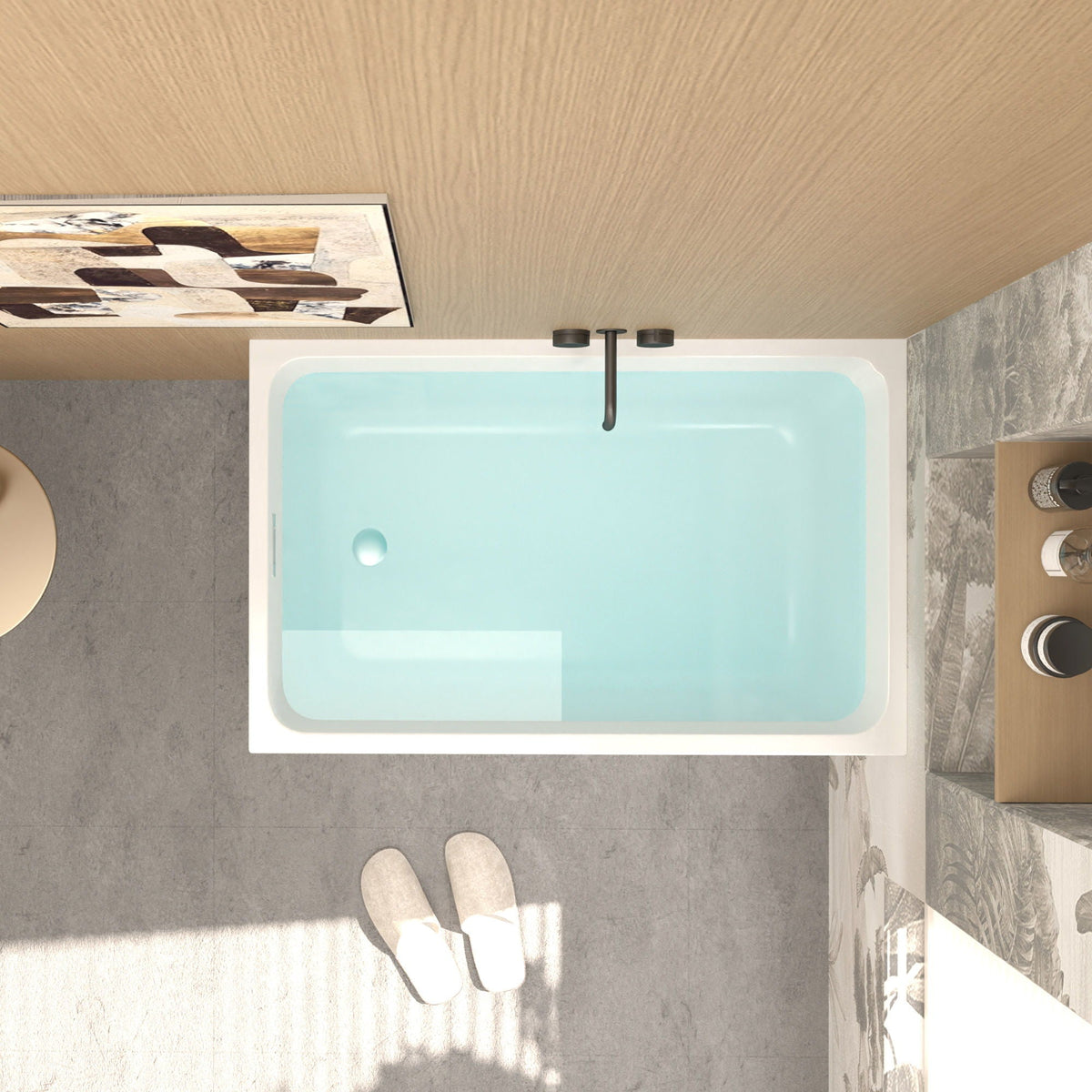 Modern glossy white freestanding acrylic bathtub with black faucet in contemporary bathroom on Tampa Home & Garden Store