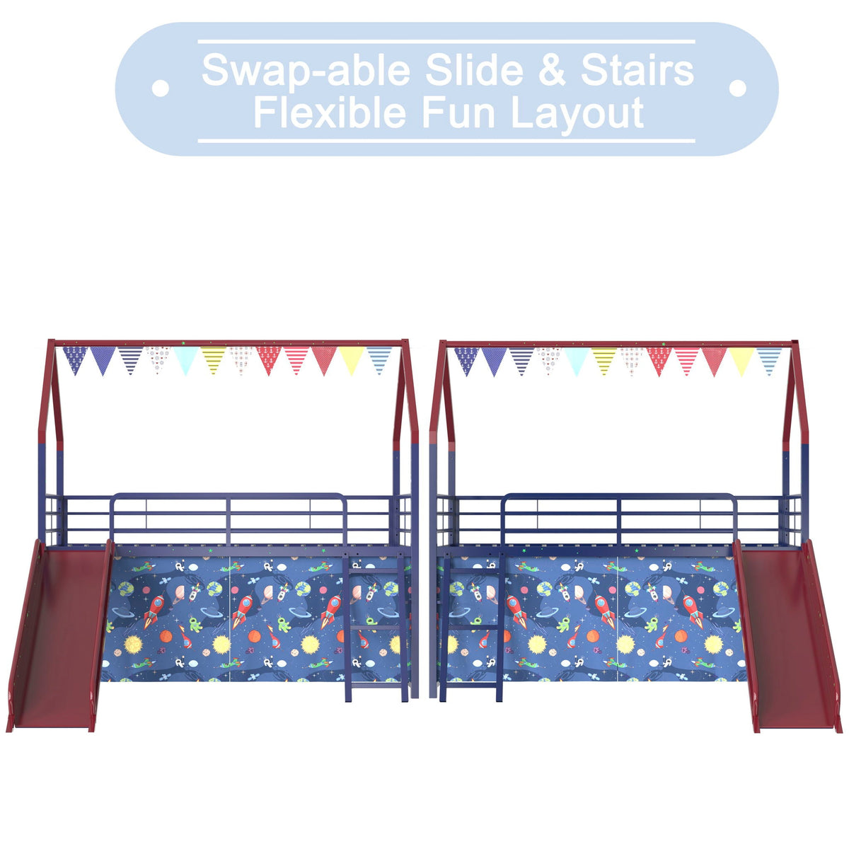 Jack loft bed with slide and curtain set by HouseOfZazla; two red-framed loft beds on Tampa Home & Garden Store