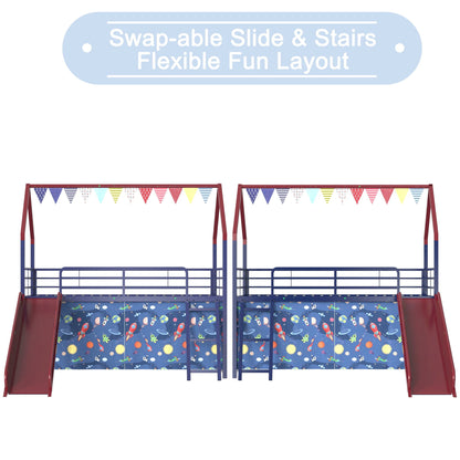 Jack loft bed with slide and curtain set by HouseOfZazla; two red-framed loft beds on Tampa Home & Garden Store