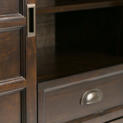 Handcrafted tall TV stand with storage in dark wood finish and metal drawer handle on Tampa Home & Garden Store