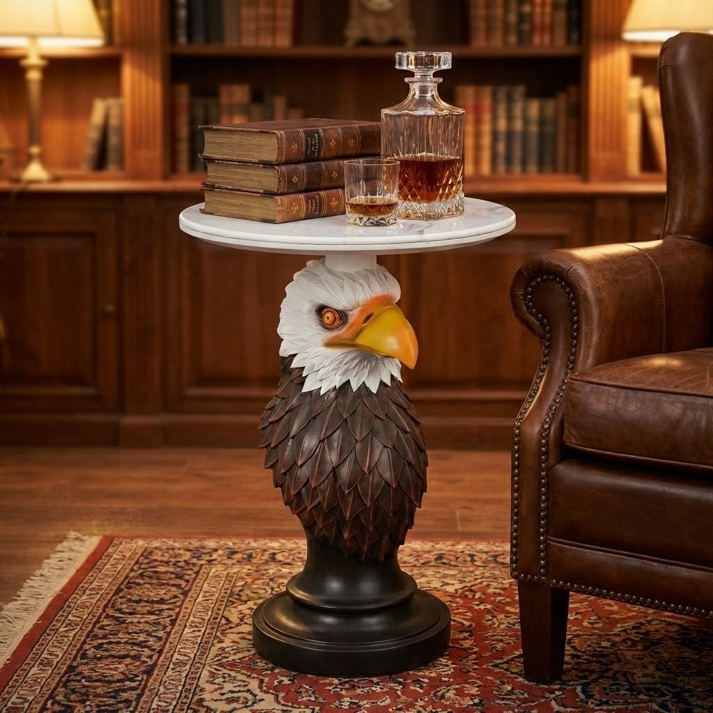 HouseOfZazla Eagle Head End Table with marble top and feathered eagle base on Tampa Home & Garden Store