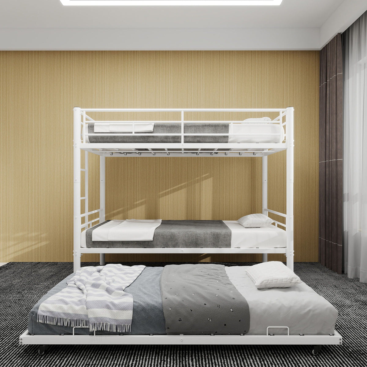 HouseOfZazla kids bunk bed, convertible two-tier frame with ladders, white metal design on Tampa Home & Garden Store