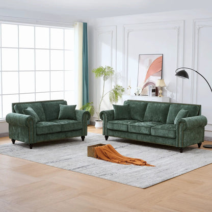 Two 3 Seater Sofas with tufted upholstery, rolled arms and nailhead trim in emerald velvet on Tampa Home & Garden Store