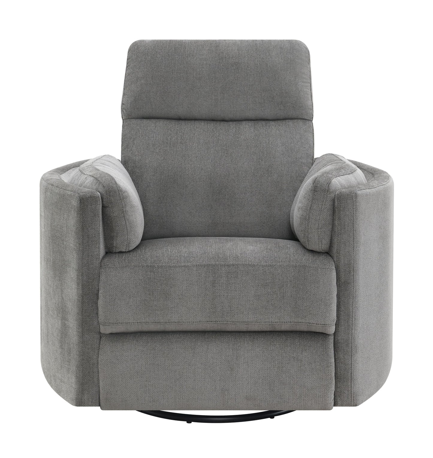 Sagen charcoal chenille glider recliner with swivel; gray fabric, rounded arms, swivel base on Tampa Home & Garden Store