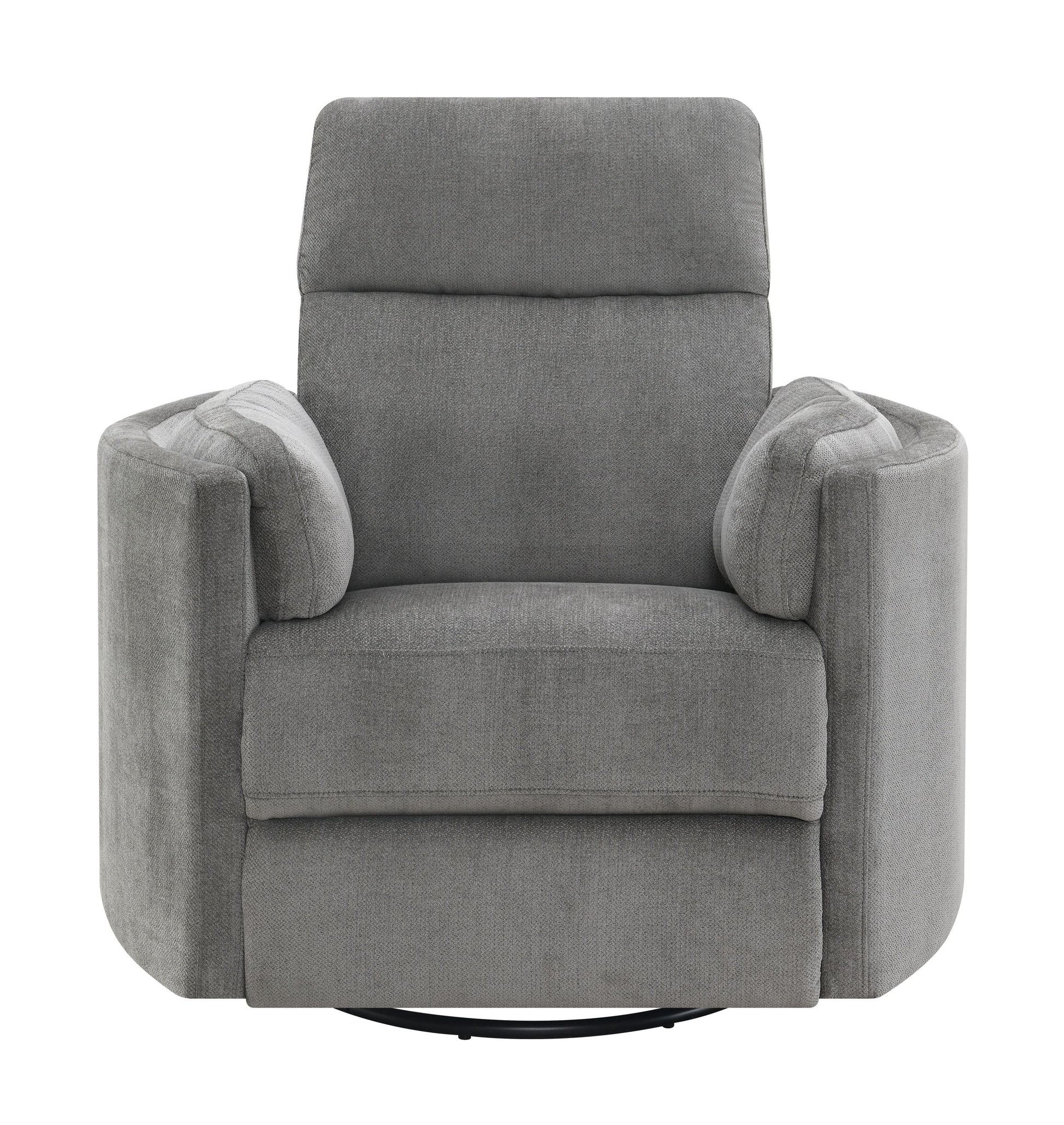 Sagen charcoal chenille glider recliner with swivel; gray fabric, rounded arms, swivel base on Tampa Home & Garden Store