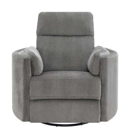 Sagen charcoal chenille glider recliner with swivel; gray fabric, rounded arms, swivel base on Tampa Home & Garden Store