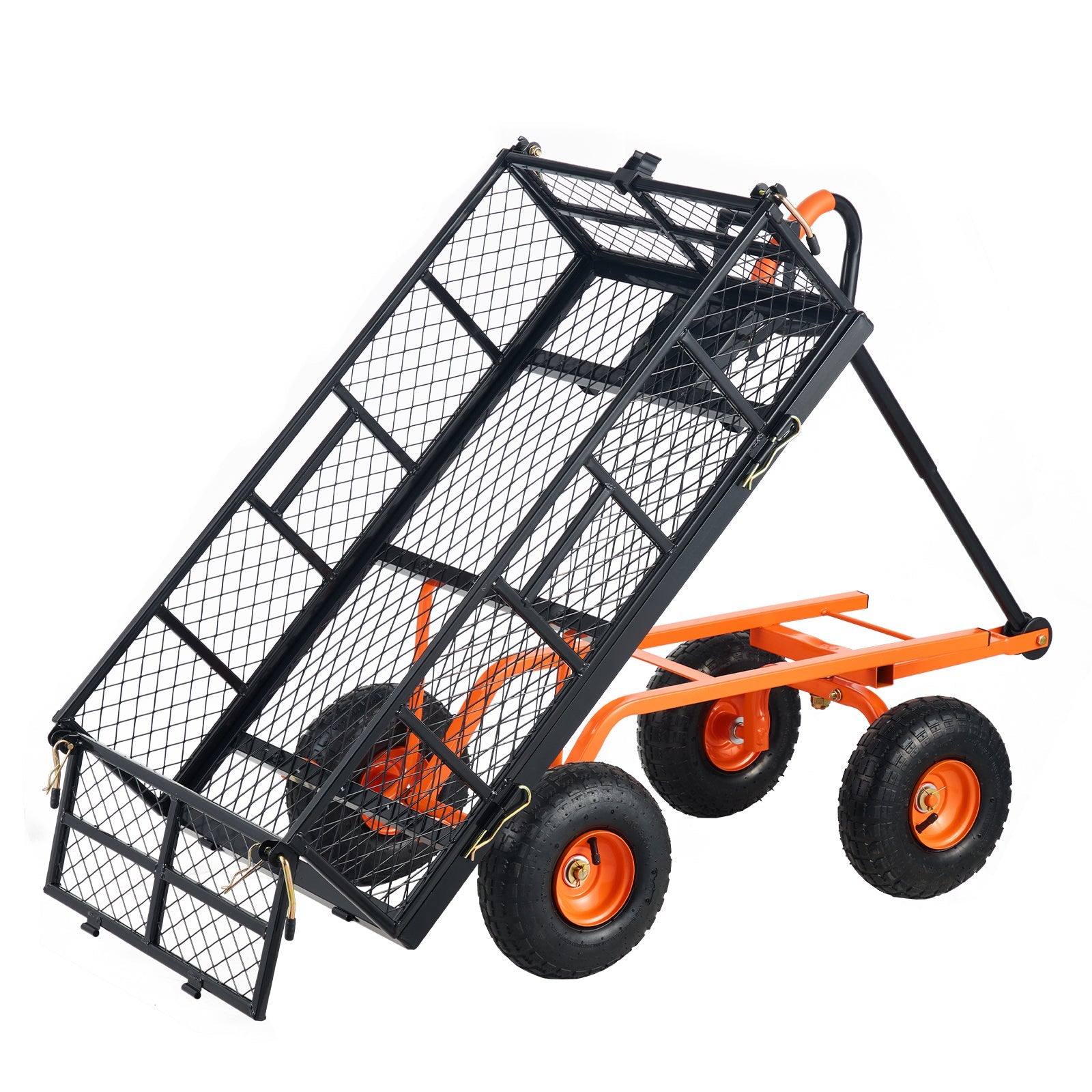 Metal garden dump cart with easy-assemble frame convertible handle black mesh cage orange wheels on Tampa Home & Garden Store