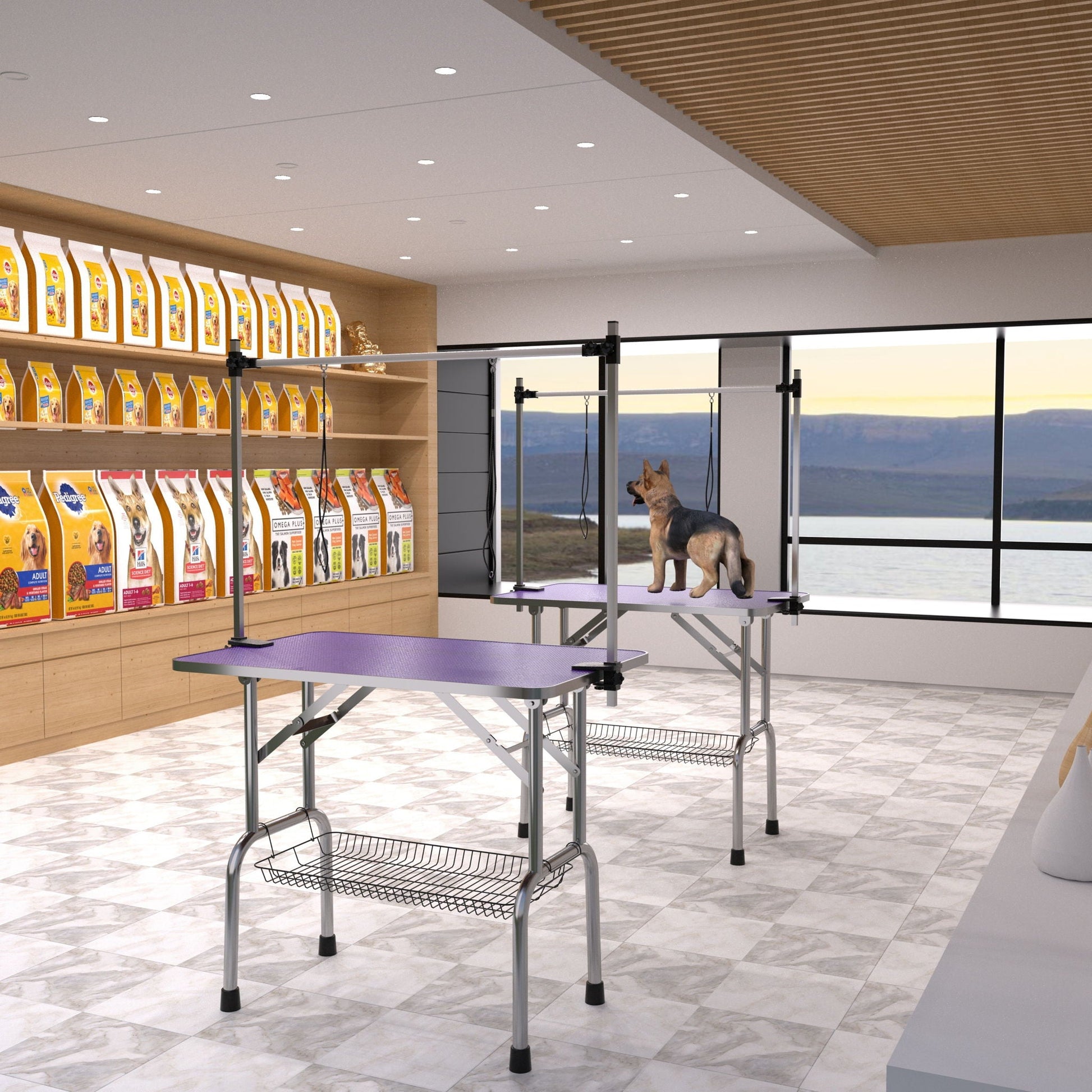 Folding dog grooming table with stainless steel frame and adjustable arm in a pet store setting on Tampa Home & Garden Store