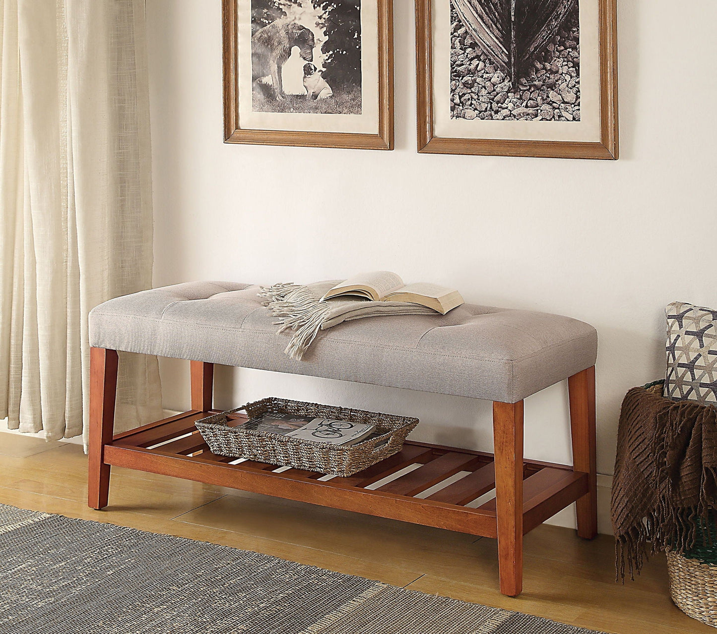 Charla Upholstered Bench by HouseOfZazla in light gray fabric with warm wood legs on Tampa Home & Garden Store