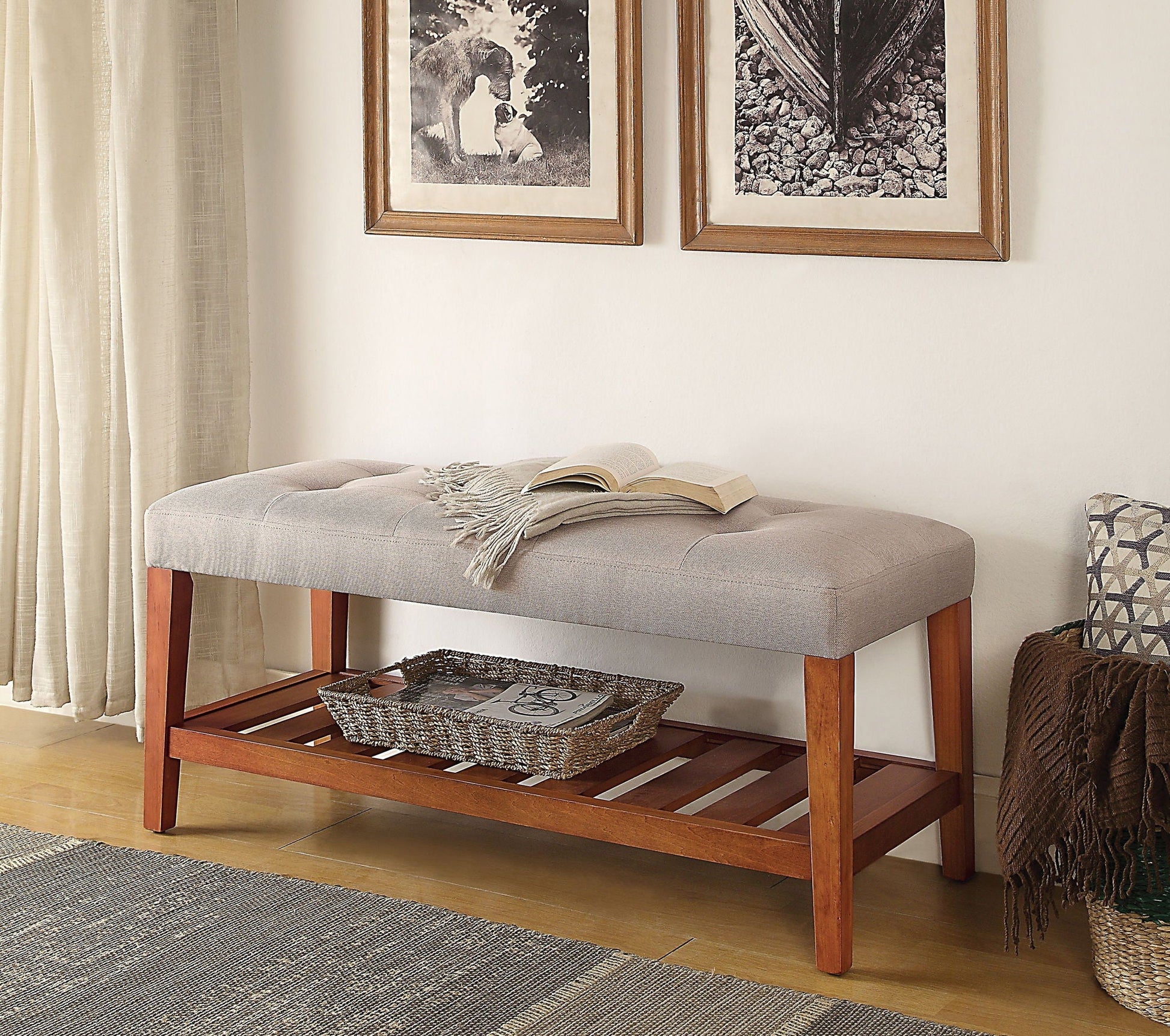 Charla Upholstered Bench by HouseOfZazla in light gray fabric with warm wood legs on Tampa Home & Garden Store