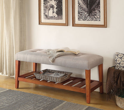 Charla Upholstered Bench by HouseOfZazla in light gray fabric with warm wood legs on Tampa Home & Garden Store