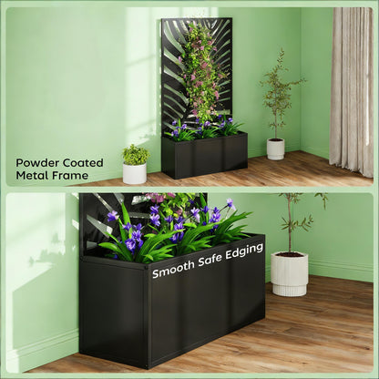 Raised metal planter bed with privacy panel in black powder-coated frame, purple flowers on Tampa Home & Garden Store