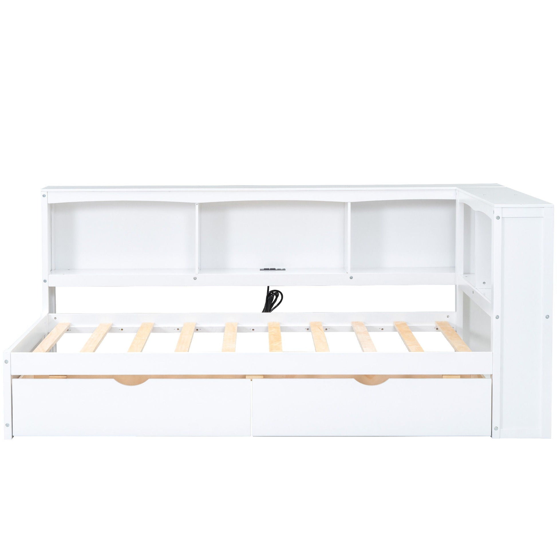 White daybed with 2 storage drawers and open cubbies, USB ports, wood slatted base on Tampa Home & Garden Store