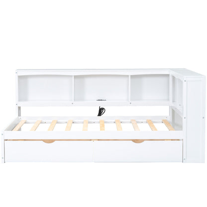 White daybed with 2 storage drawers and open cubbies, USB ports, wood slatted base on Tampa Home & Garden Store