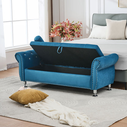 Blue velvet storage bench with crystal button tufting and studded edges on Tampa Home & Garden Store