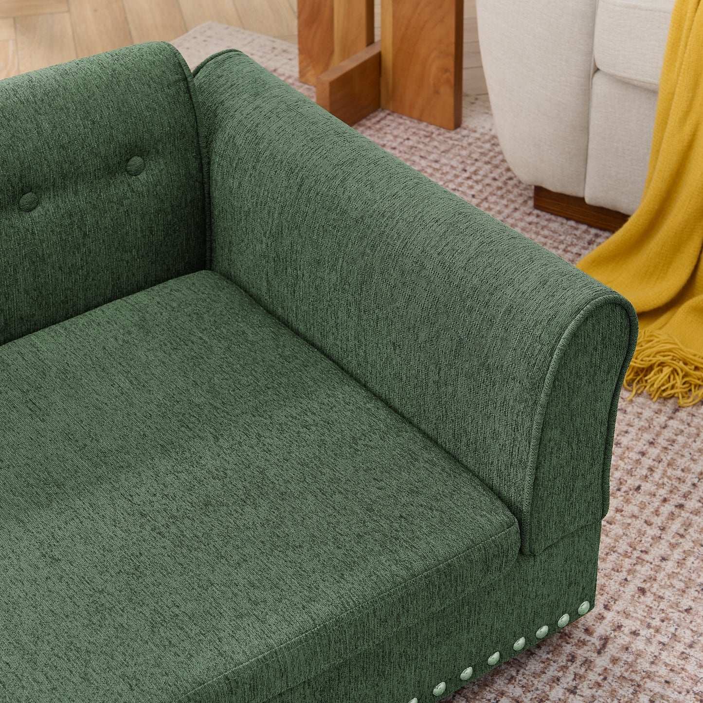 Oversized Pet Sofa in green textured fabric with button tufting and studded edge on Tampa Home & Garden Store