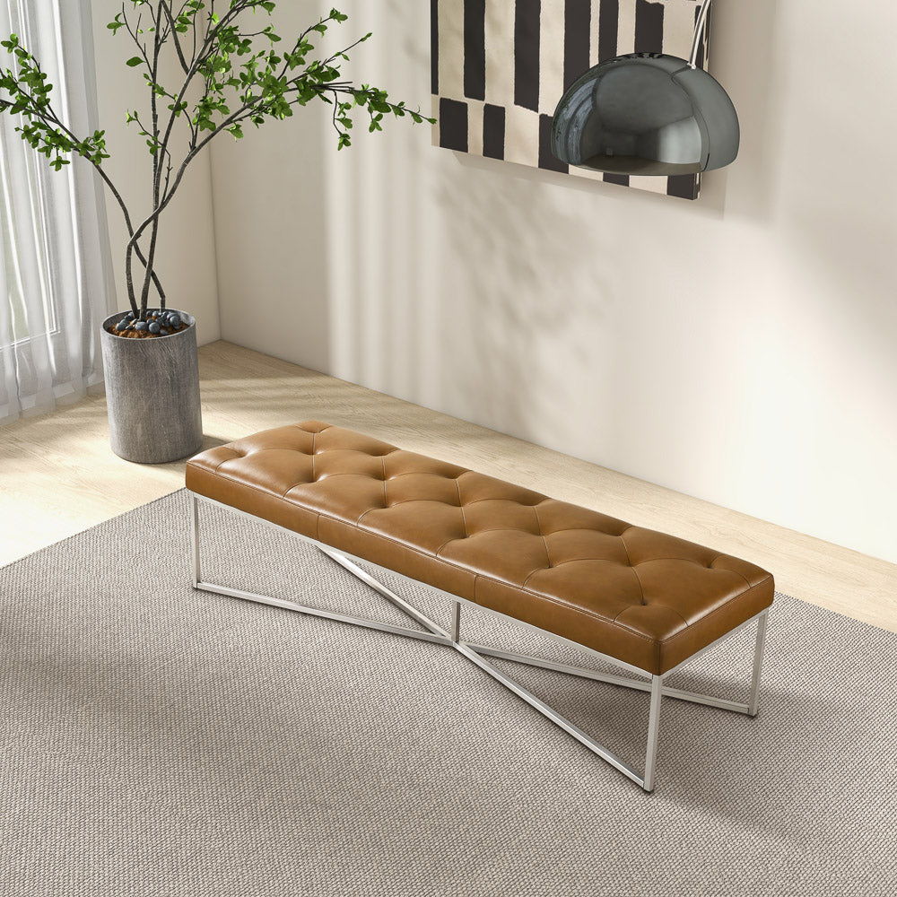 Harper Bench in tan tufted leather with solid teak frame and metal legs on Tampa Home & Garden Store