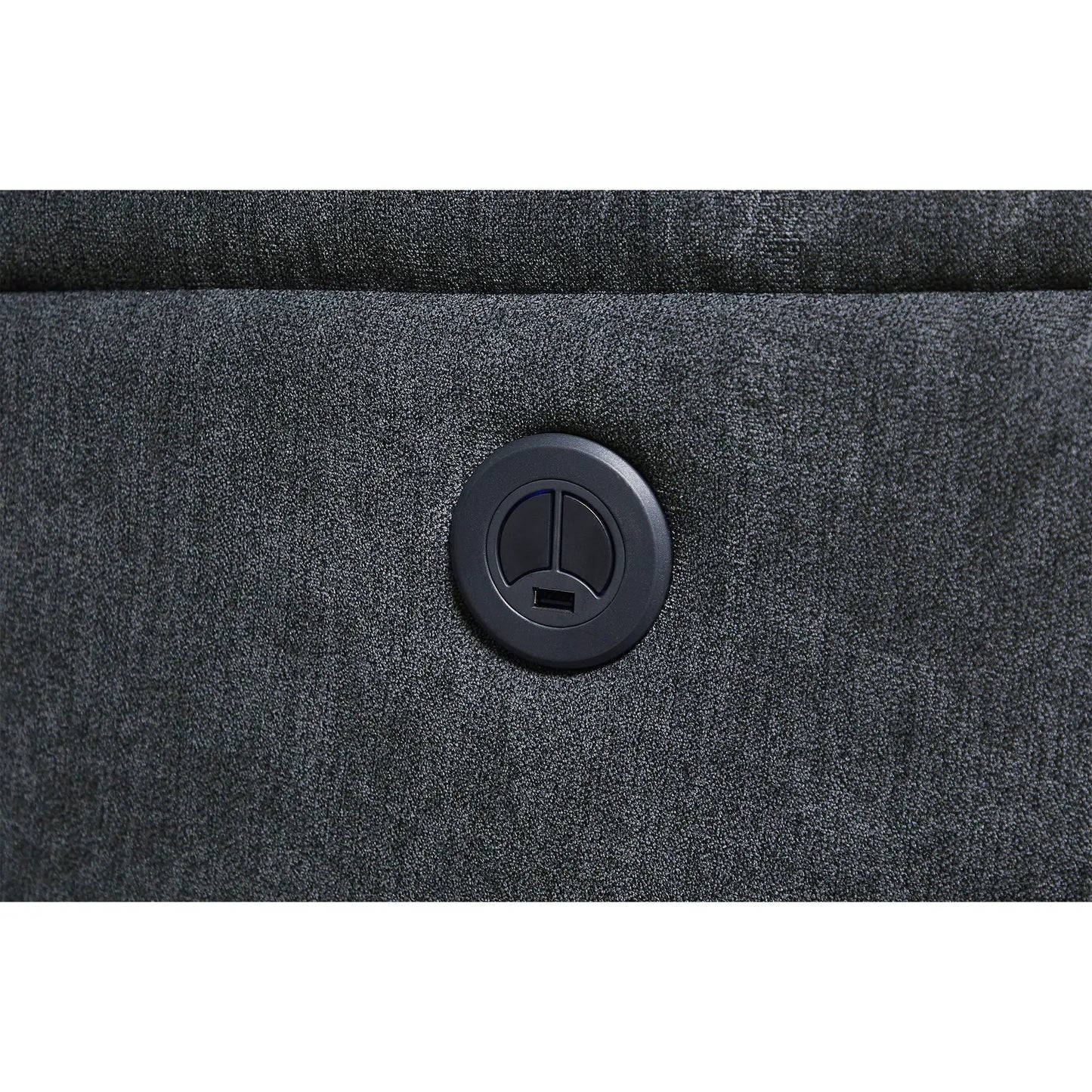 Recliner chair in dark grey fabric with built-in power outlet and USB port on Tampa Home & Garden Store