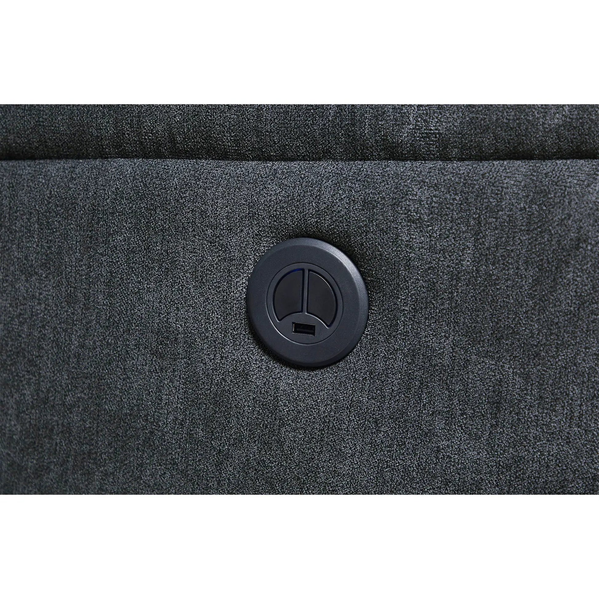 Recliner chair in dark grey fabric with built-in power outlet and USB port on Tampa Home & Garden Store