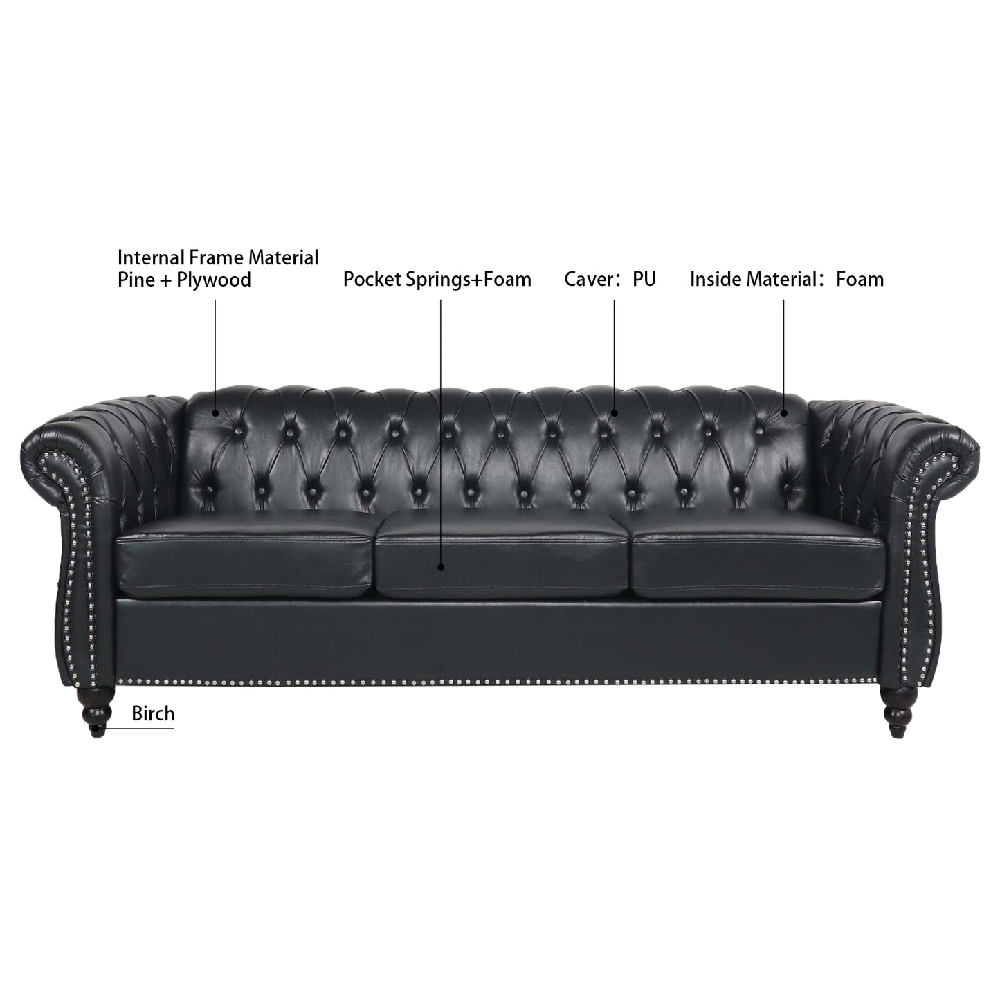 Black Chesterfield Sofa and Soft PU Rolled Arms