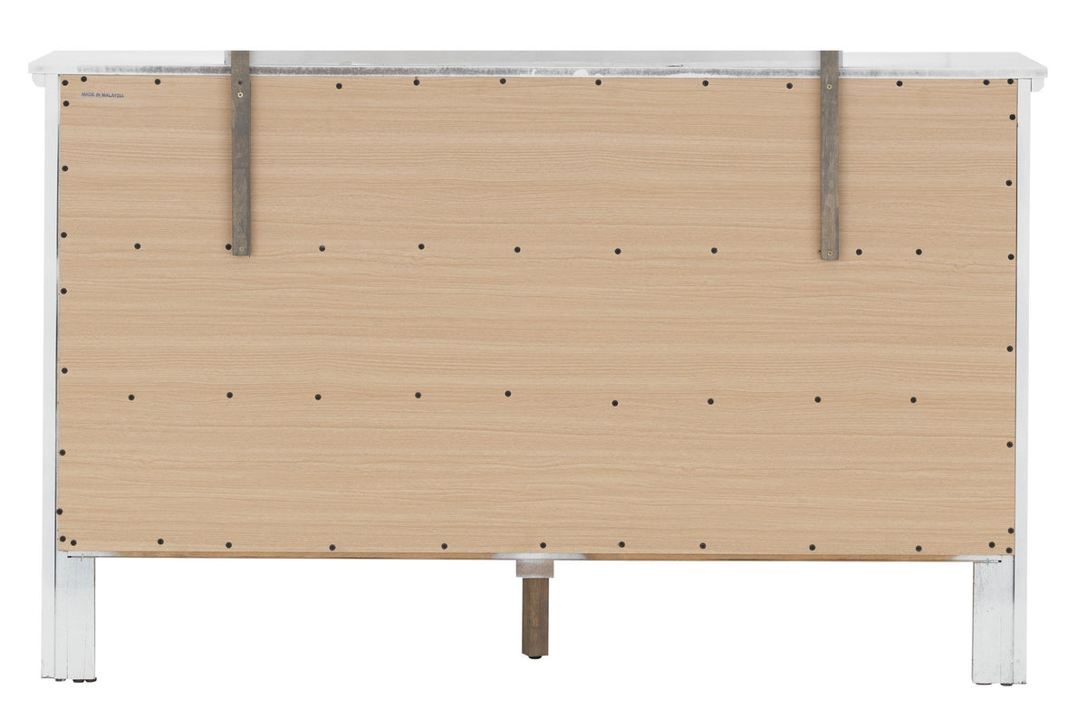 Back view of Primo dresser with natural wood panels, metal frame and straps, visible screws on Tampa Home & Garden Store