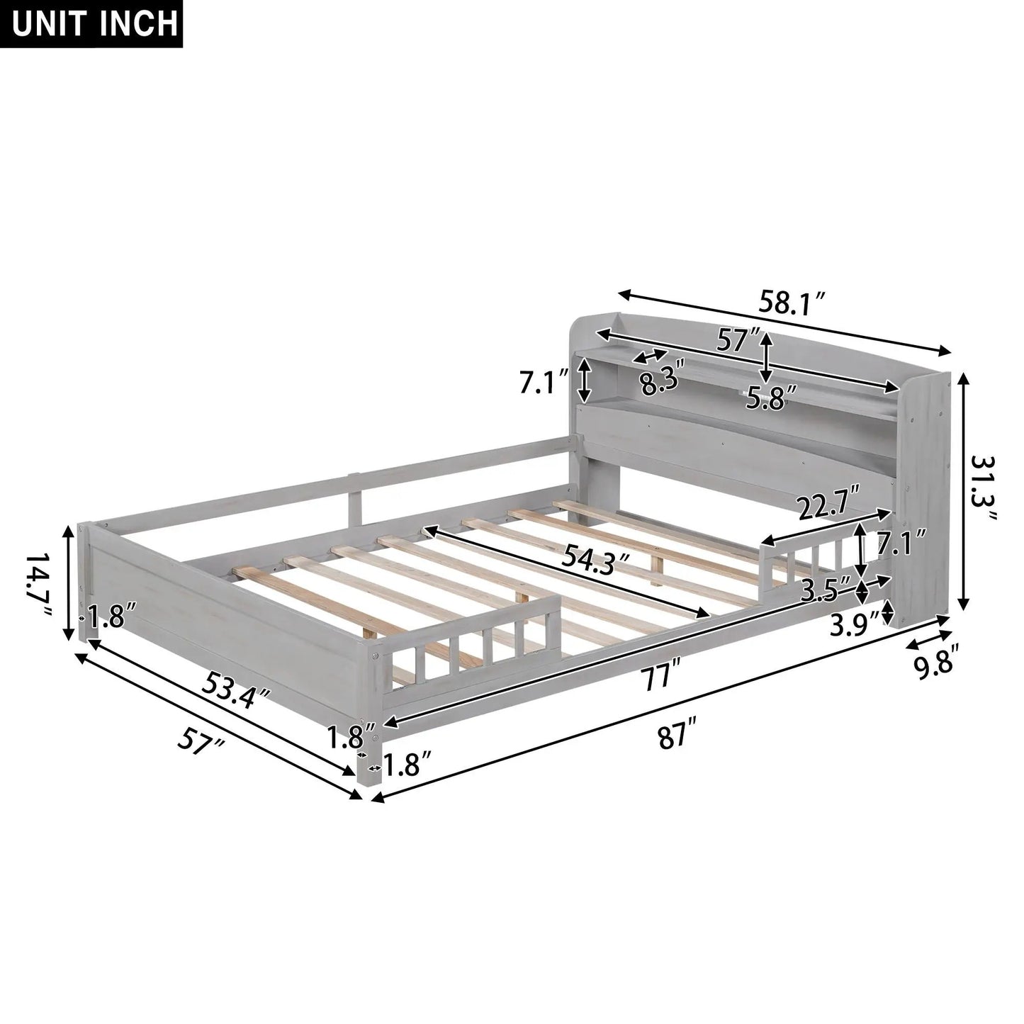 Wood Platform Bed With Led Light and Guardrail