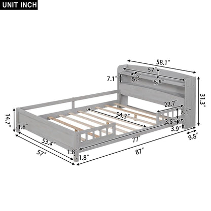 Wood Platform Bed With Led Light and Guardrail