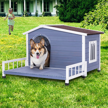 Large wooden dog house with terrace in blue-gray with white trim by HouseOfZazla on Tampa Home & Garden Store